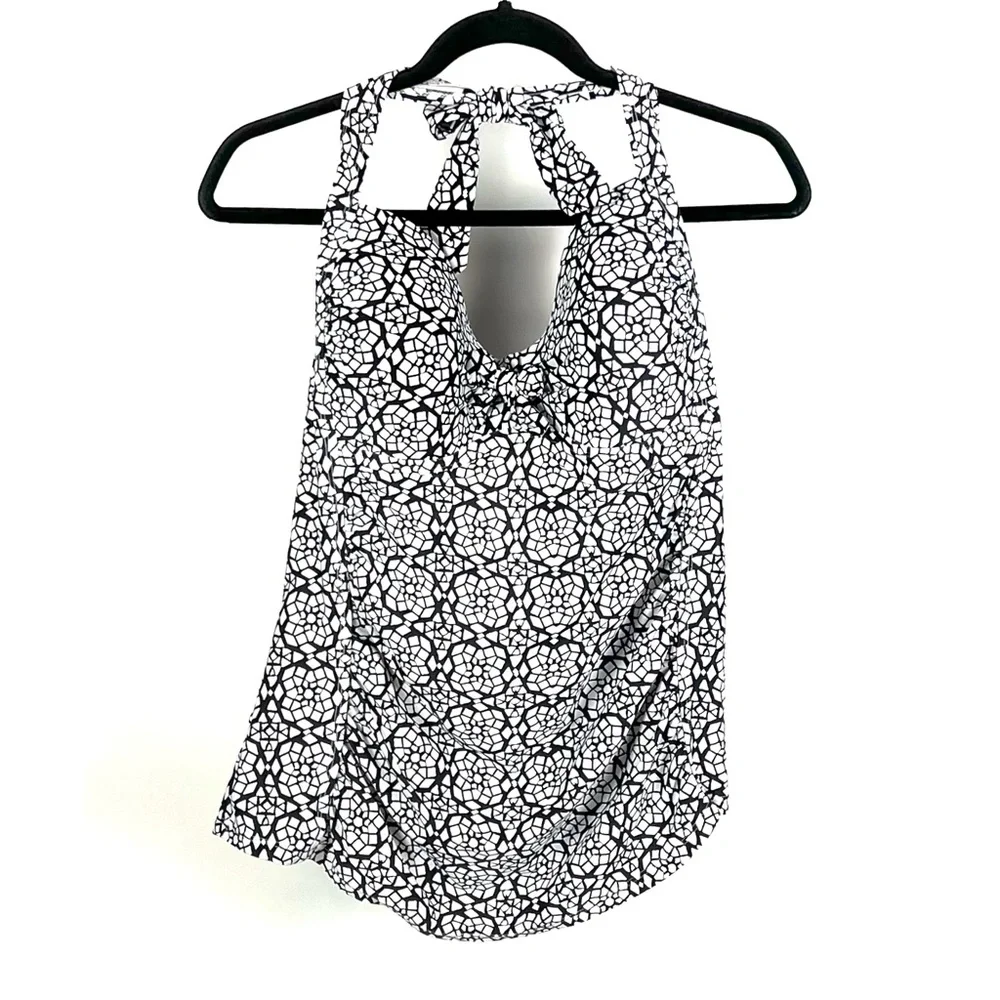 Kona Sol Women's White & Black Geometric Tankini Tie Halter Top - Picture 3 of 5